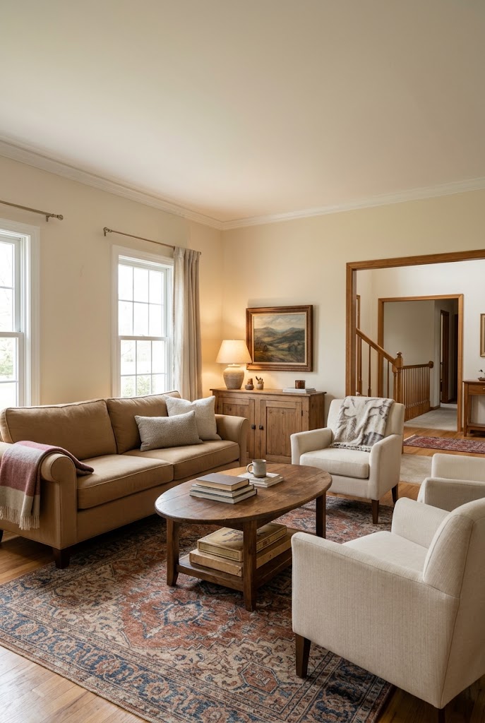 AI-generated concept of arrange seats to face each other in a realistic family living room.