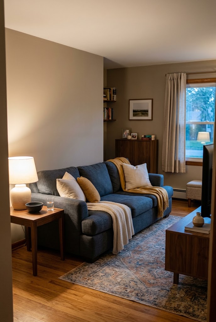 AI-generated concept of build a movie-night sofa in a realistic family living room.
