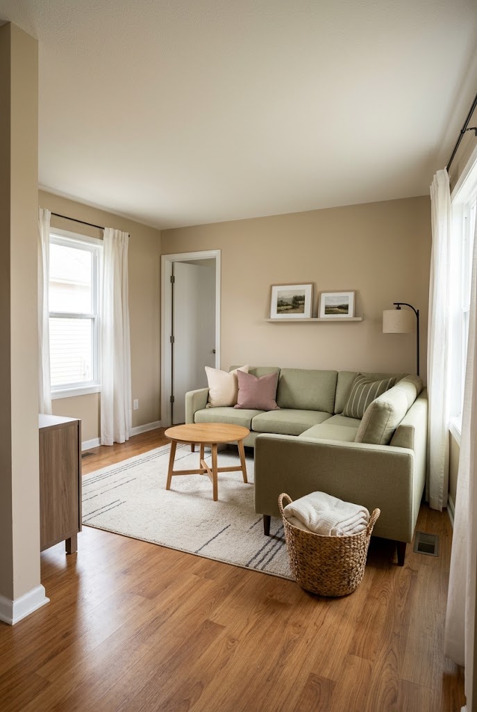 AI-generated concept of fit a sectional into the corner in a realistic family living room.