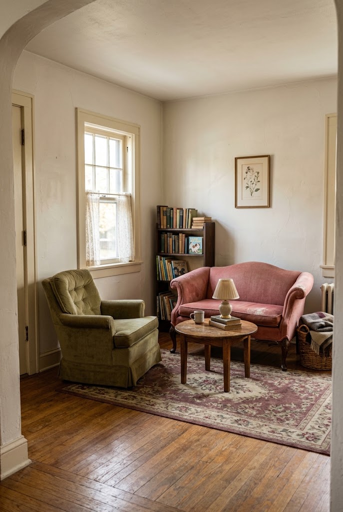 AI-generated concept of mix a loveseat and vintage chair in a realistic family living room.
