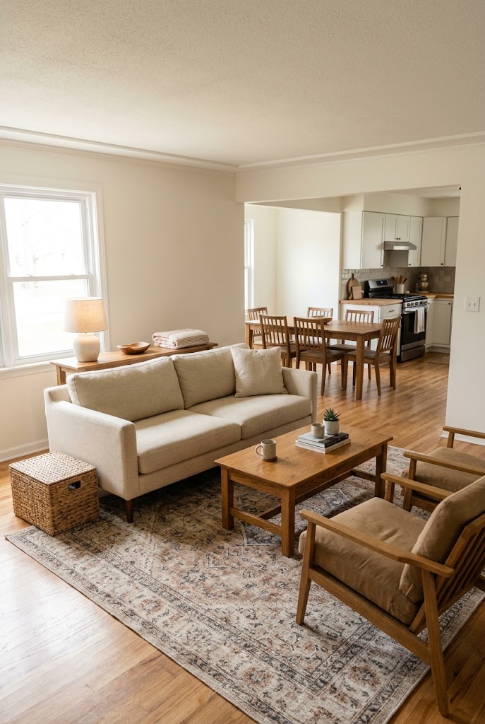 AI-generated concept of define the open-plan seating in a realistic family living room.