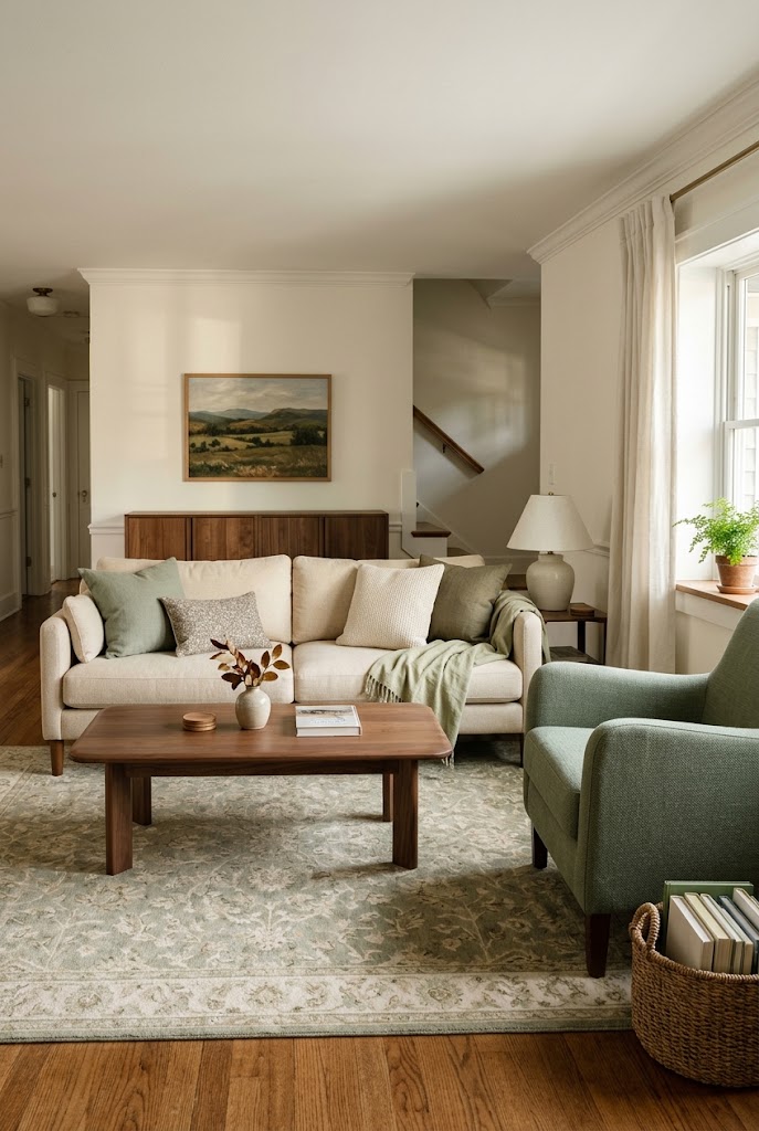 AI-generated concept of add calm sage-green accents in a realistic family living room.