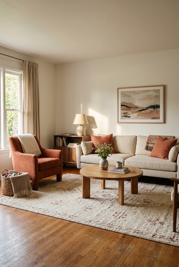 AI-generated concept of warm the room with terracotta in a realistic family living room.