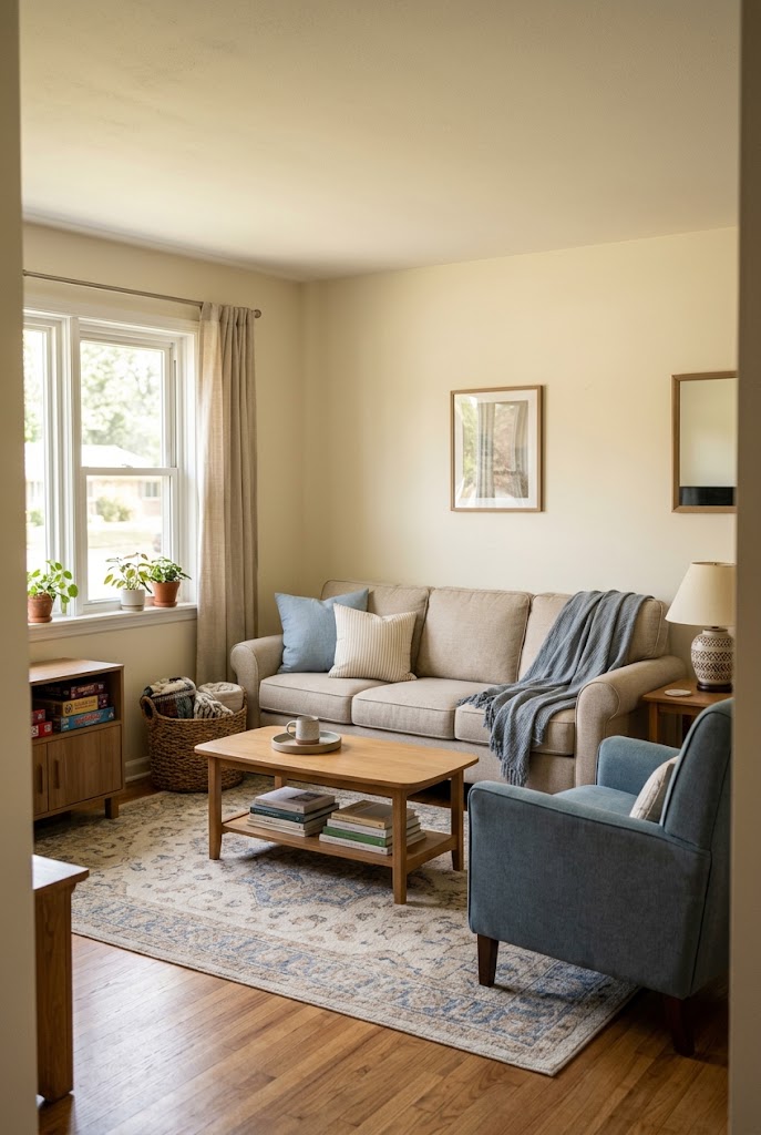 AI-generated concept of mix dusty blue with oatmeal in a realistic family living room.