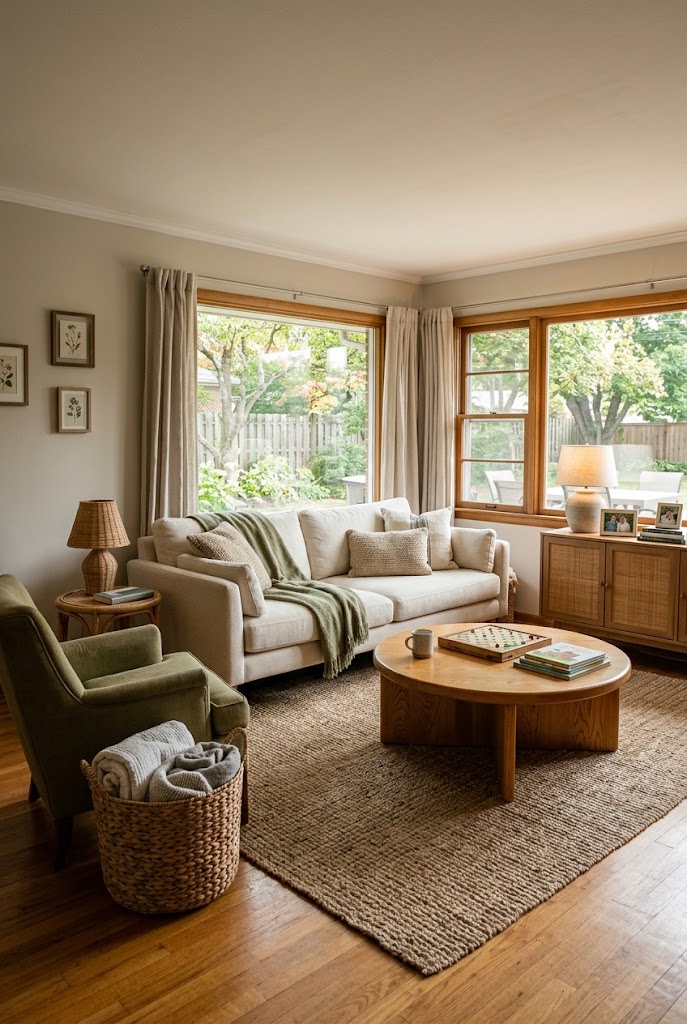 AI-generated concept of layer wood and woven texture in a realistic family living room.