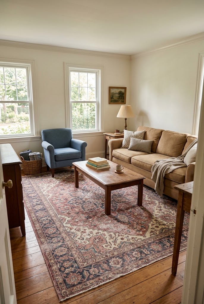 AI-generated concept of start with a vintage-style rug in a realistic family living room.