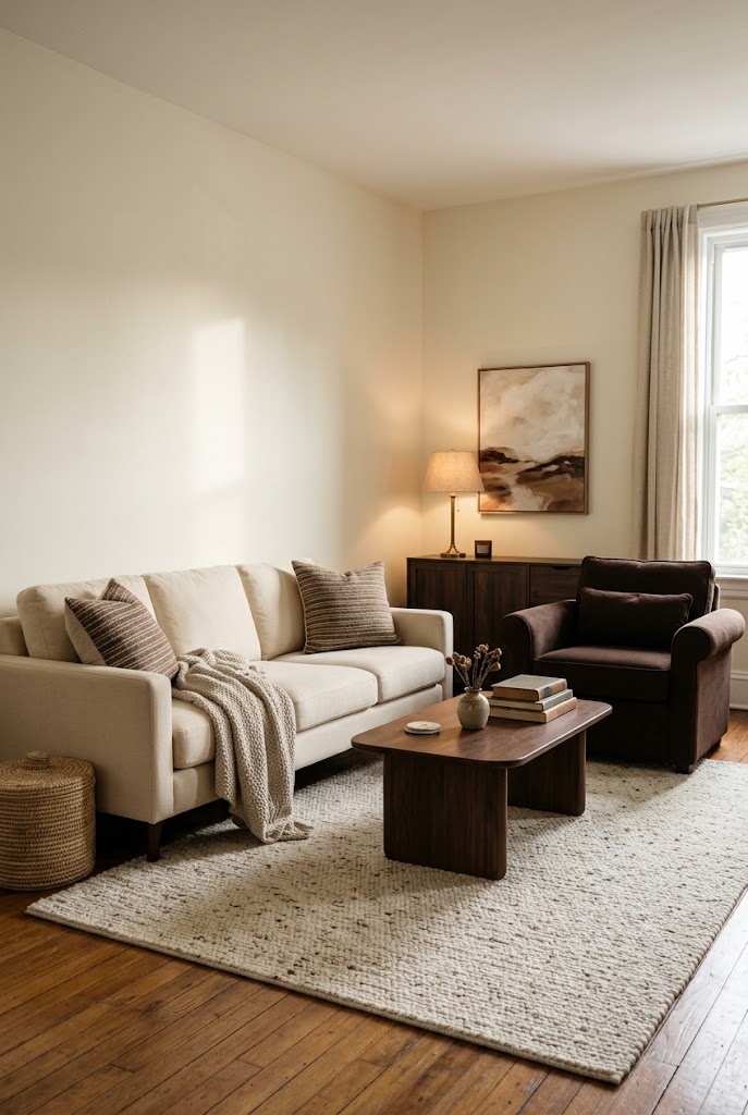 AI-generated concept of pair ivory with deep brown in a realistic family living room.