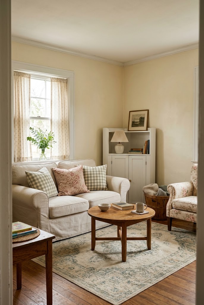 AI-generated concept of add cottage checks and florals in a realistic family living room.