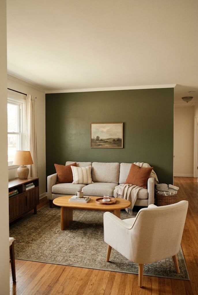 AI-generated concept of try a dark olive accent wall in a realistic family living room.