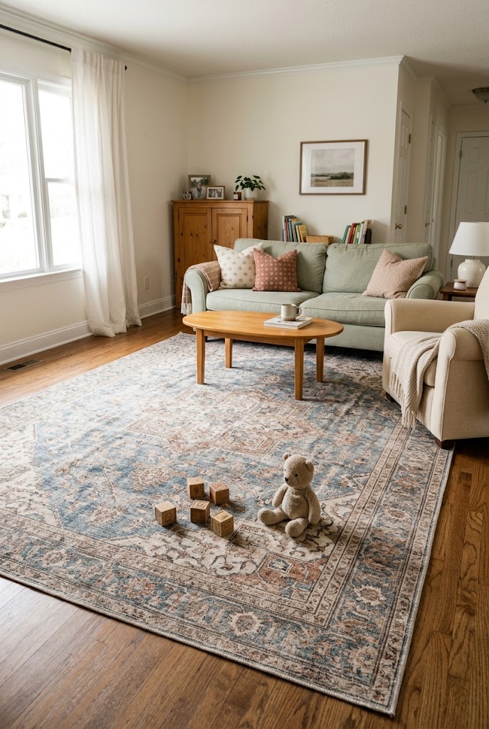 AI-generated concept of choose a soft, practical rug in a realistic family living room.