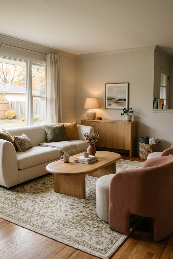 AI-generated concept of choose rounded furniture in a realistic family living room.