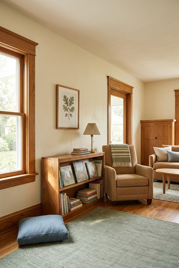 AI-generated concept of keep children's books down low in a realistic family living room.