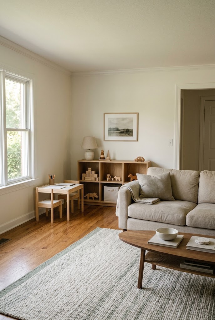 AI-generated concept of blend a play corner into the room in a realistic family living room.