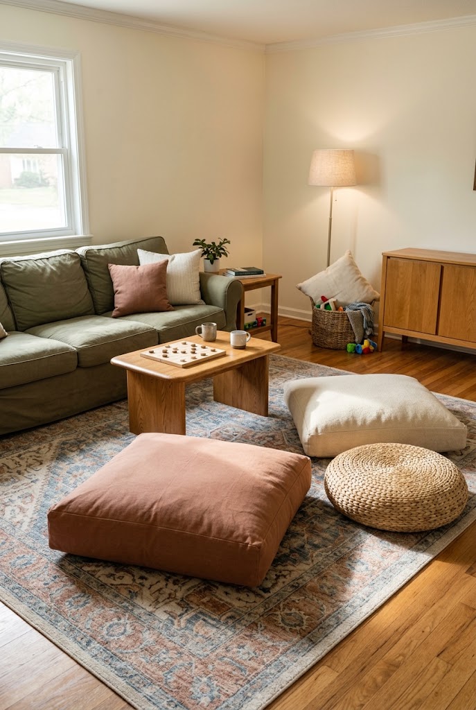 AI-generated concept of keep floor seating flexible in a realistic family living room.
