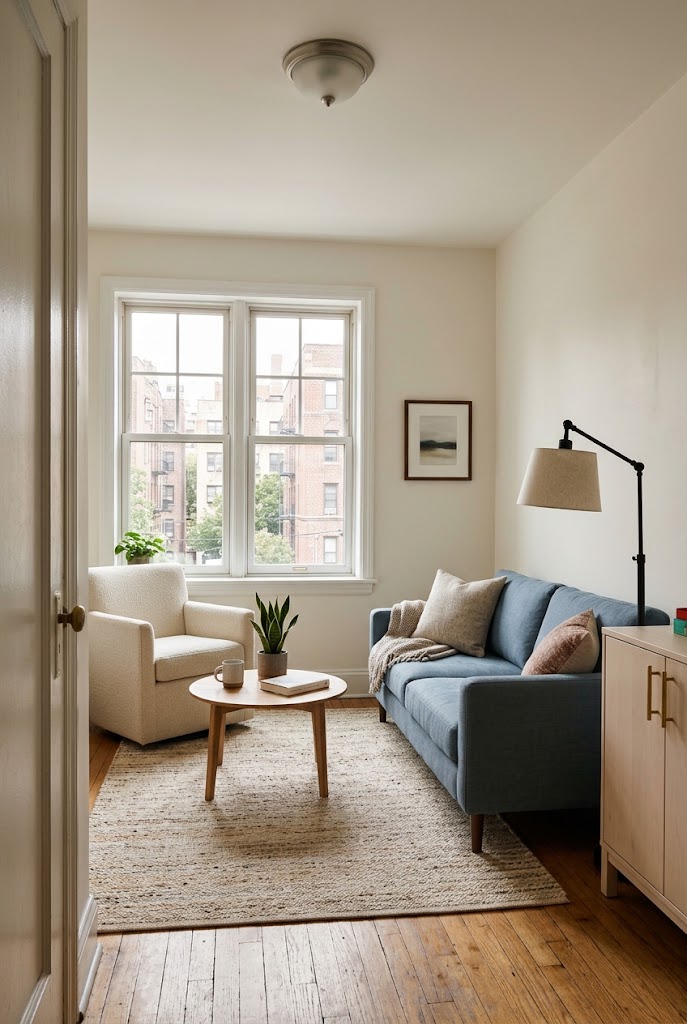 AI-generated concept of keep a tiny apartment cozy in a realistic family living room.