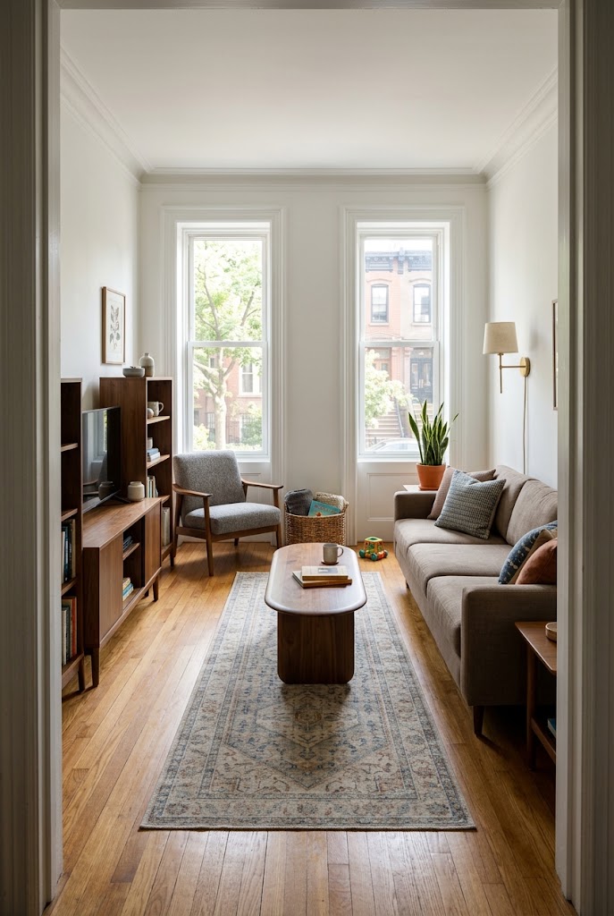 AI-generated concept of work with a narrow room in a realistic family living room.