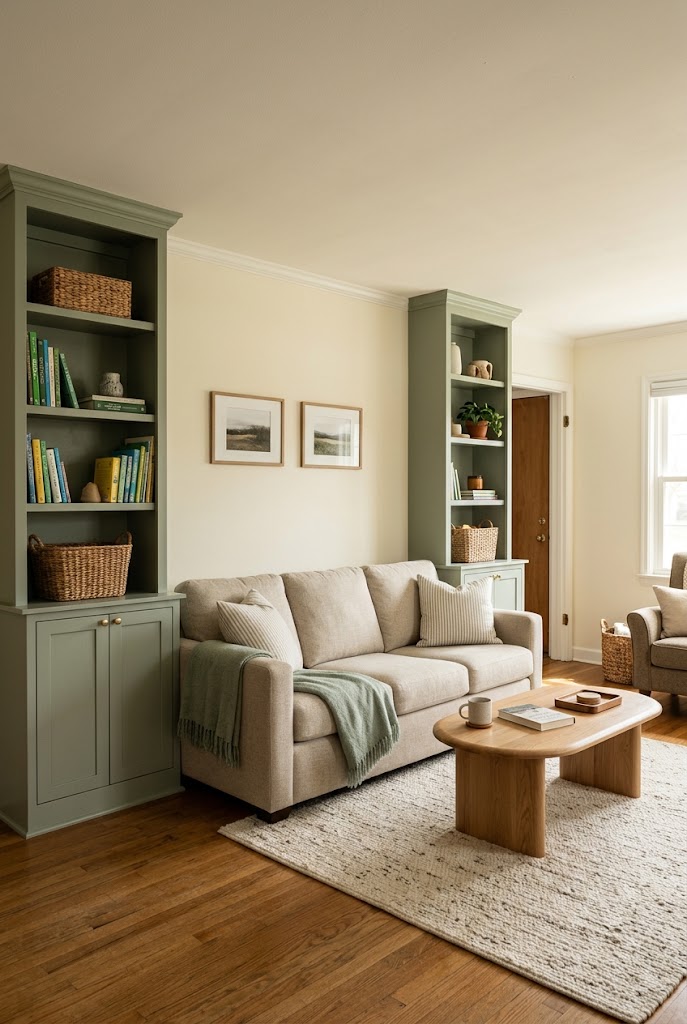 AI-generated concept of frame a sofa with built-ins in a realistic family living room.