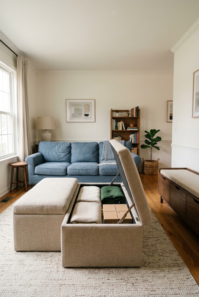 AI-generated concept of pick double-duty furniture in a realistic family living room.