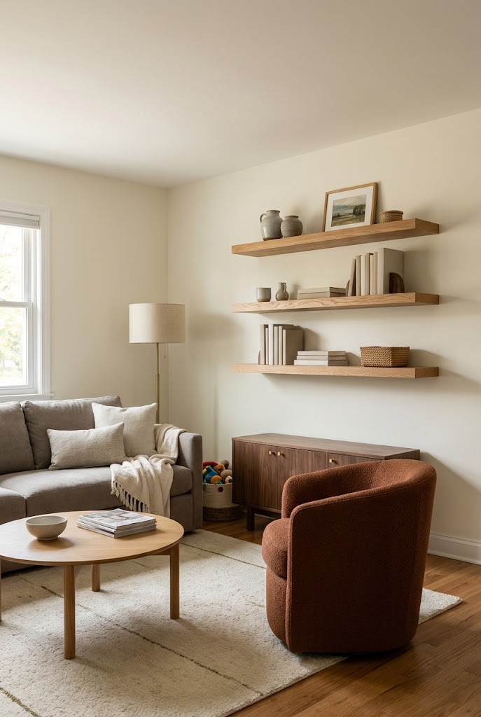 AI-generated concept of use floating shelves thoughtfully in a realistic family living room.
