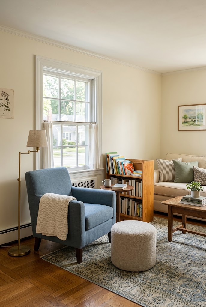 AI-generated concept of claim a window reading nook in a realistic family living room.