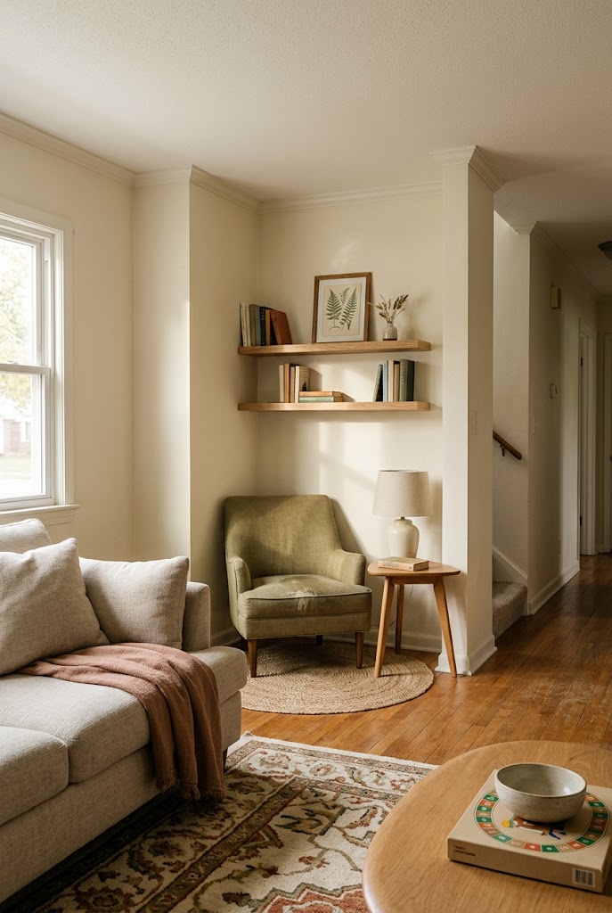 AI-generated concept of make an awkward corner work in a realistic family living room.