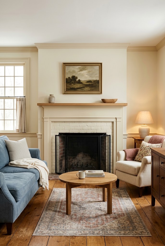 AI-generated concept of style a simple family fireplace in a realistic family living room.