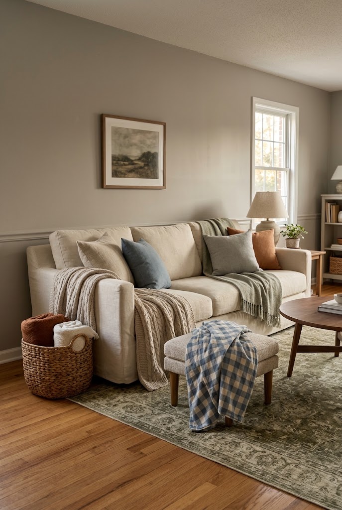 AI-generated concept of keep several throws within reach in a realistic family living room.