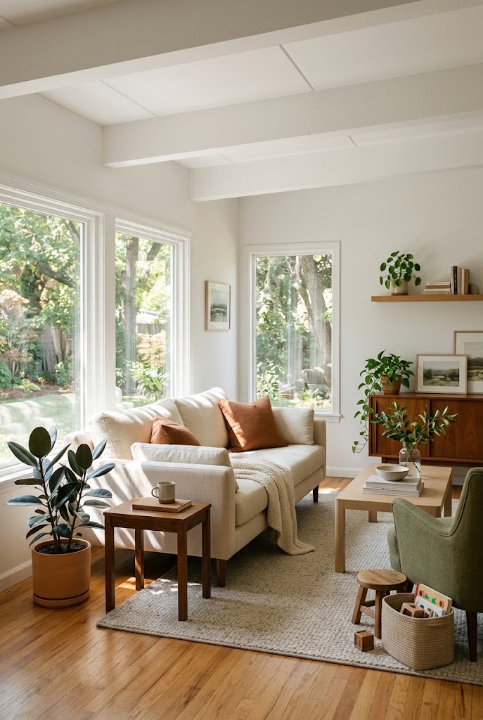 AI-generated concept of bring in a few houseplants in a realistic family living room.