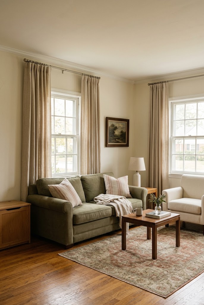 AI-generated concept of frame windows with warm curtains in a realistic family living room.