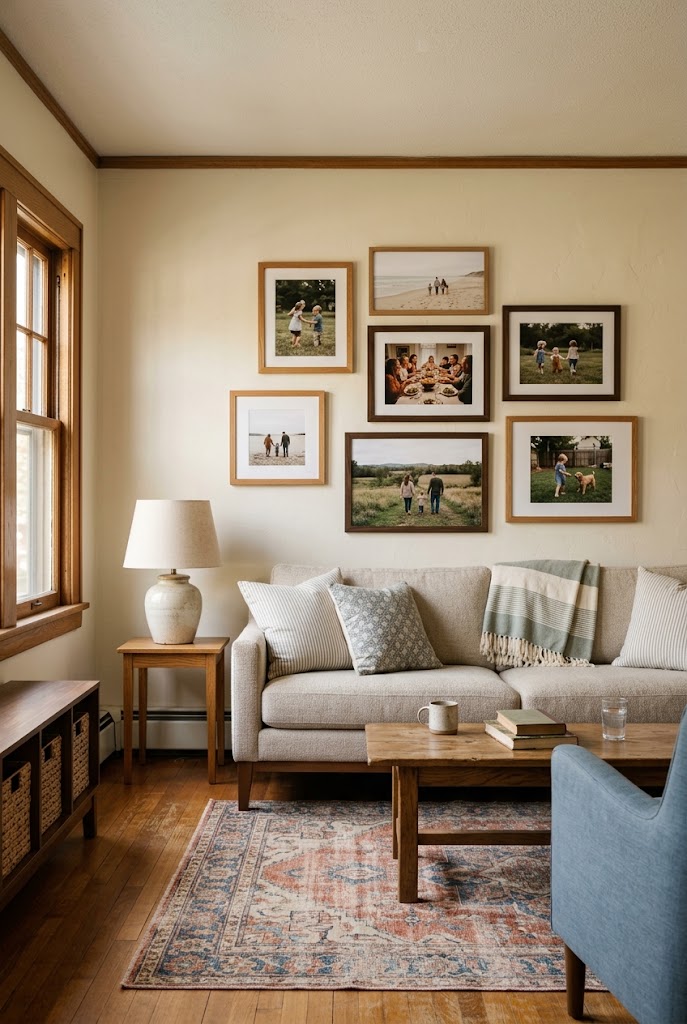 AI-generated concept of hang an imperfect family gallery in a realistic family living room.