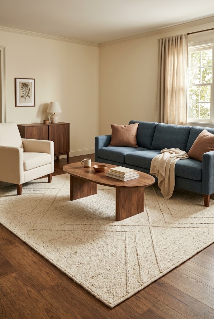 AI-generated concept of ground everything with a textured rug in a realistic family living room.