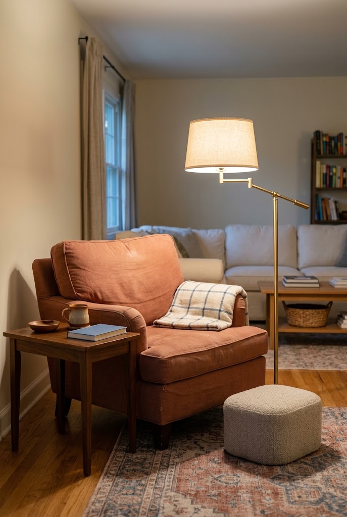 AI-generated concept of give the chair a reading lamp in a realistic family living room.
