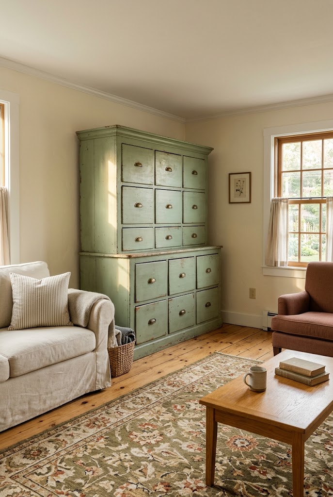 AI-generated concept of find a vintage sage cabinet in a realistic family living room.