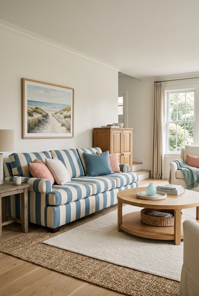 AI-generated concept of try a bold striped coastal sofa in a realistic family living room.