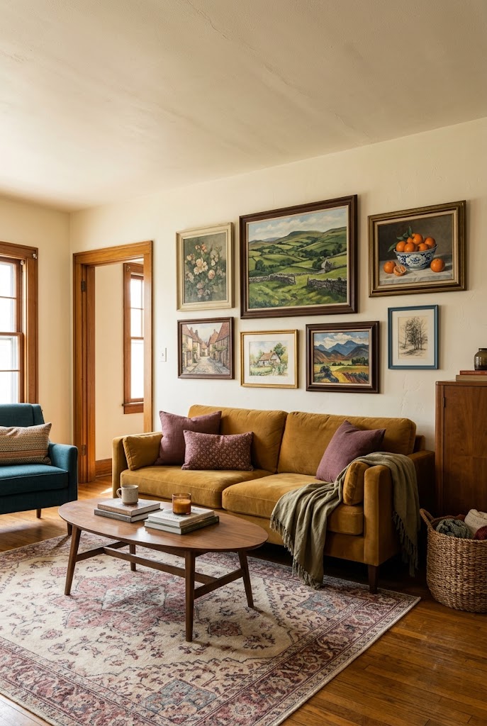 AI-generated concept of make a vintage gallery wall sing in a realistic family living room.