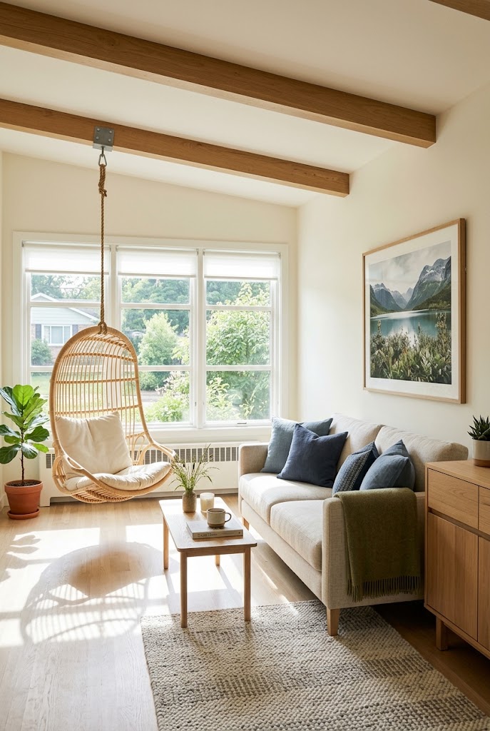 AI-generated concept of add a sculptural hanging chair in a realistic family living room.