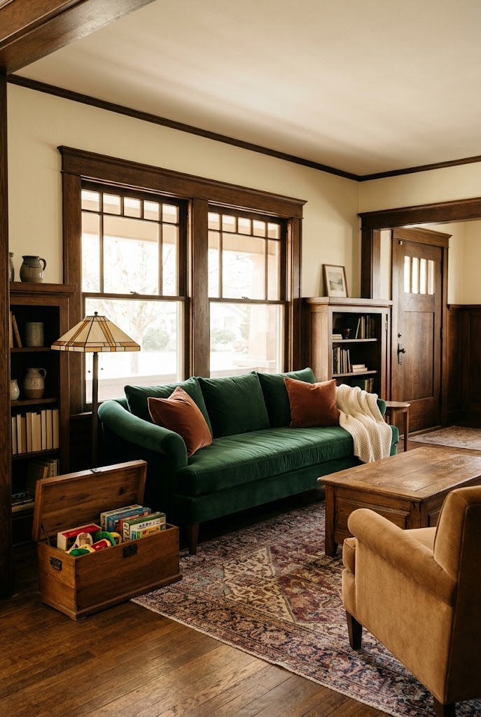 AI-generated concept of choose an emerald craftsman sofa in a realistic family living room.