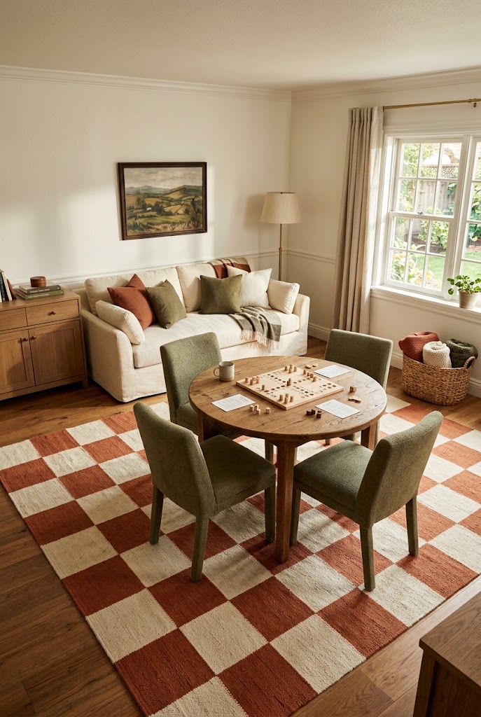 AI-generated concept of put a checkerboard rug under game night in a realistic family living room.