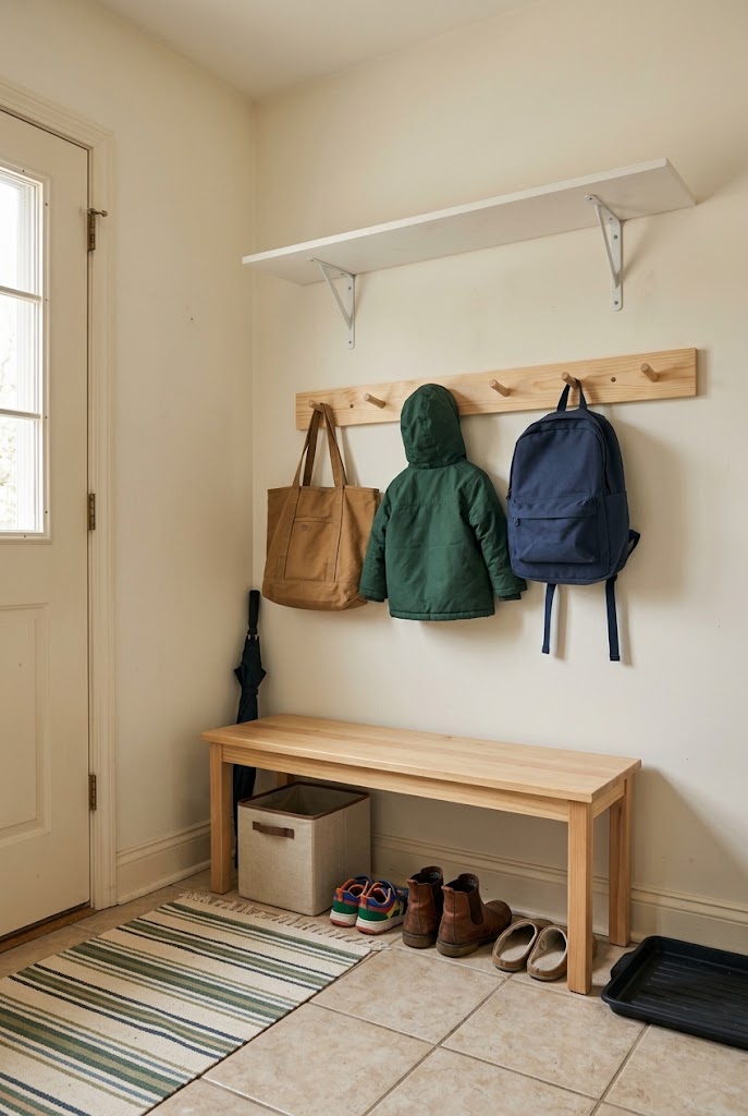budget friendly diy mudroom makeover concept image of an organized small family mudroom.