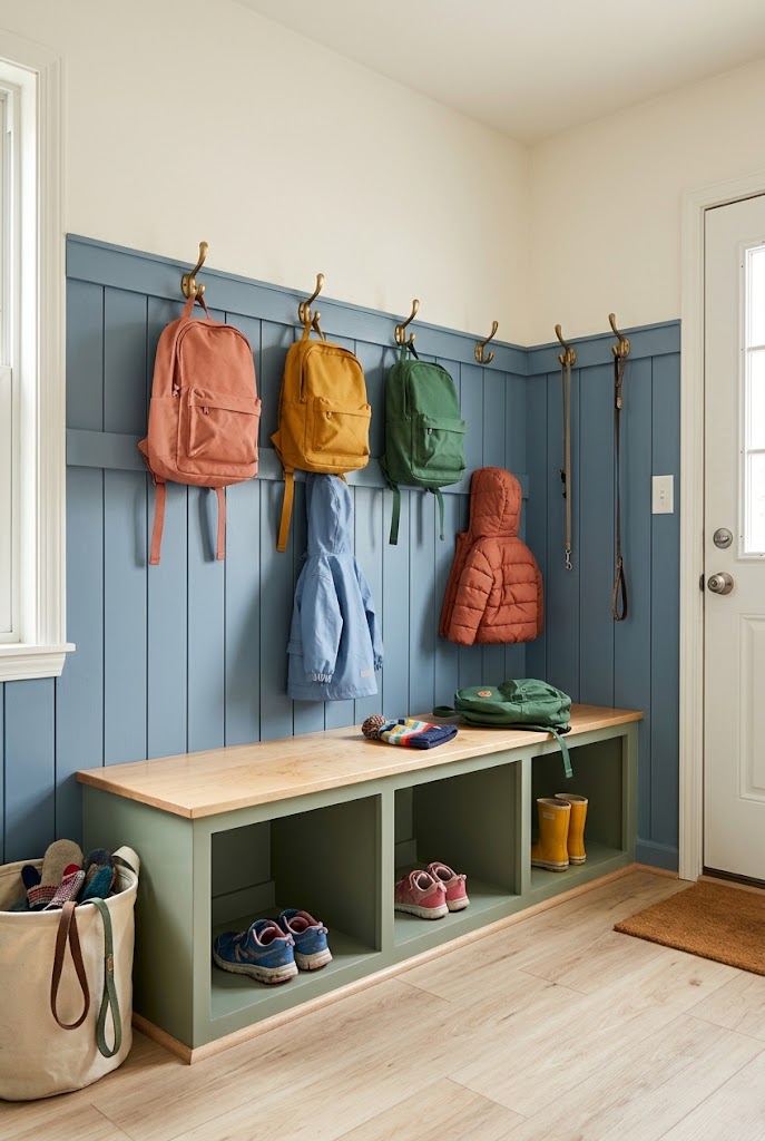 colorful family mudroom kid friendly hooks concept image of an organized small family mudroom.