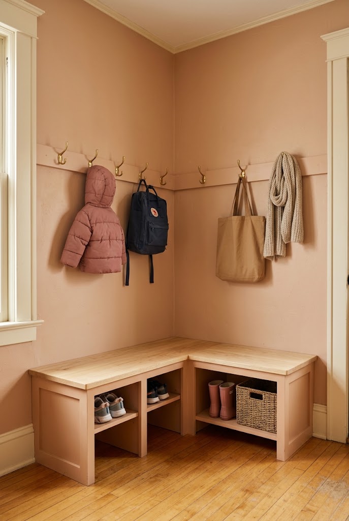 corner mudroom l shaped bench storage concept image of an organized small family mudroom.