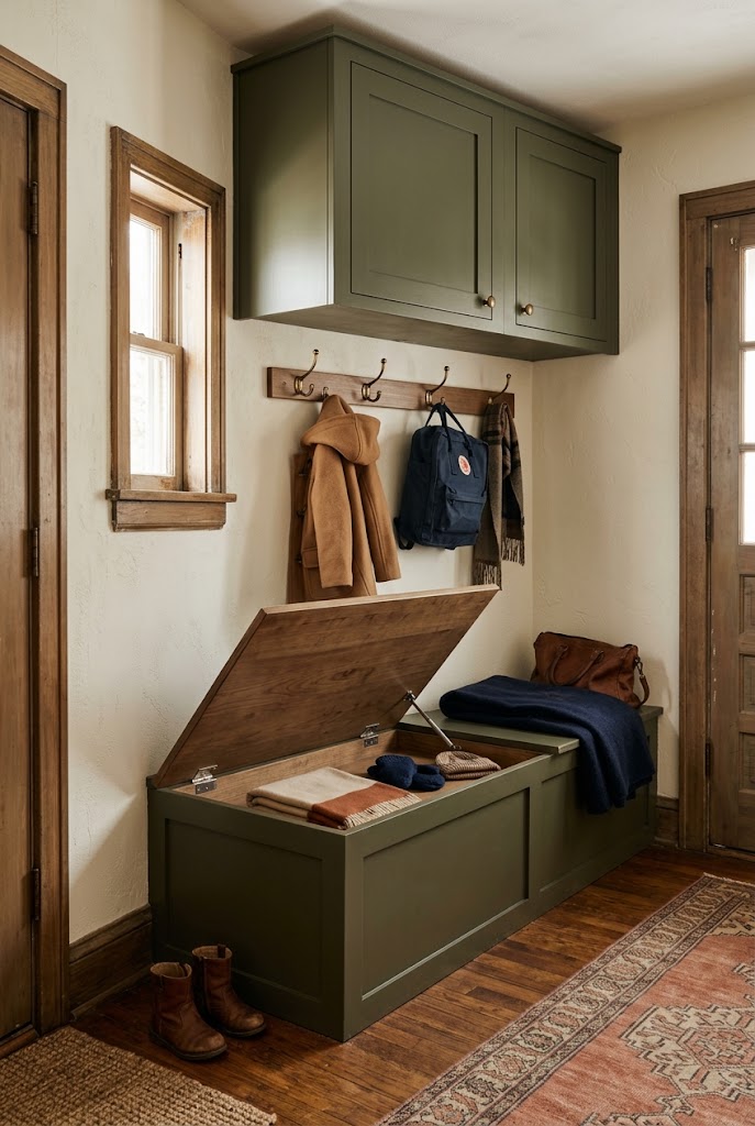 cozy small mudroom hidden storage bench concept image of an organized small family mudroom.