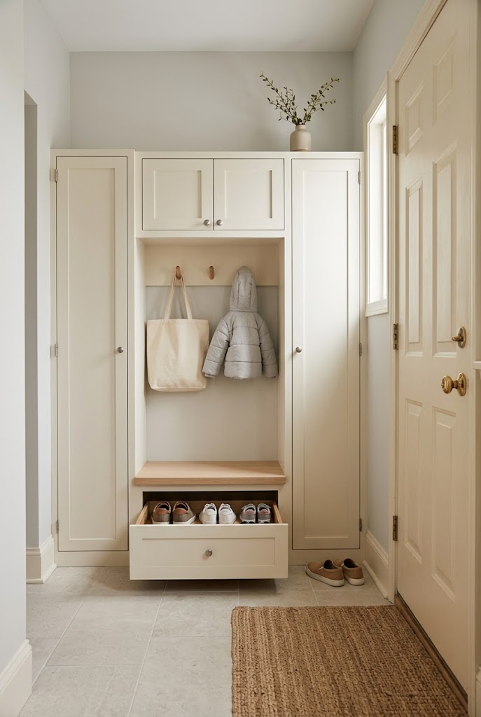 modern minimalist mudroom hidden shoe storage concept image of an organized small family mudroom.