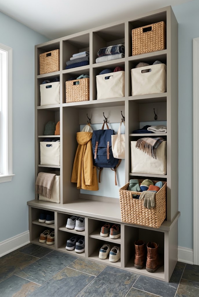mudroom open cubbies baskets seasonal storage concept image of an organized small family mudroom.