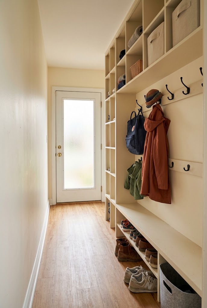 narrow mudroom vertical storage cubbies concept image of an organized small family mudroom.