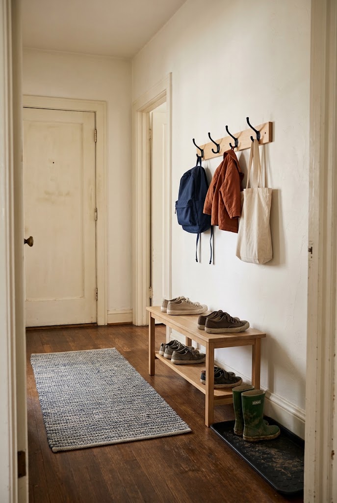 no mudroom small entryway hallway drop zone concept image of an organized small family mudroom.