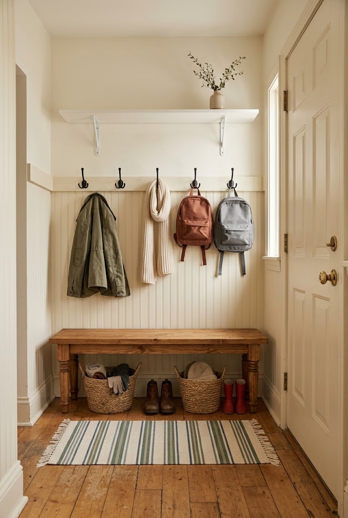 small farmhouse mudroom beadboard wood bench concept image of an organized small family mudroom.