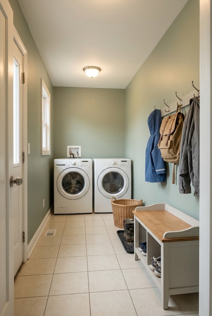 small mudroom laundry room combo entryway concept image of an organized small family mudroom.