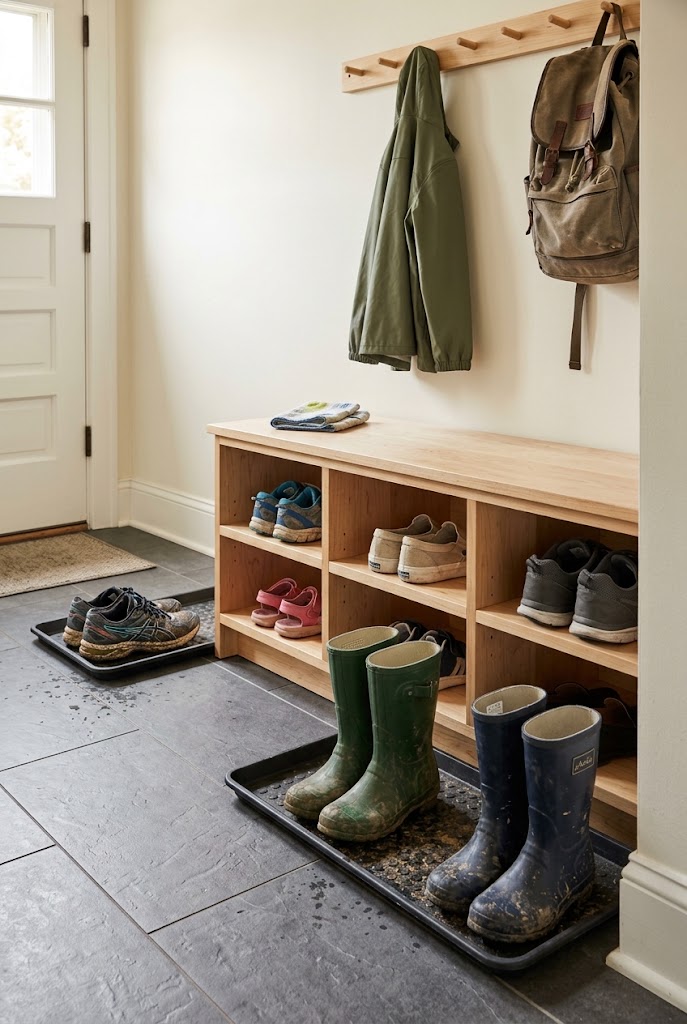 small mudroom shoe cubbies boot tray organization concept image of an organized small family mudroom.