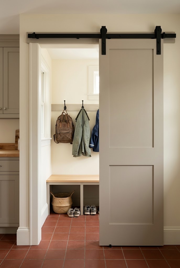 small mudroom sliding door storage bench concept image of an organized small family mudroom.